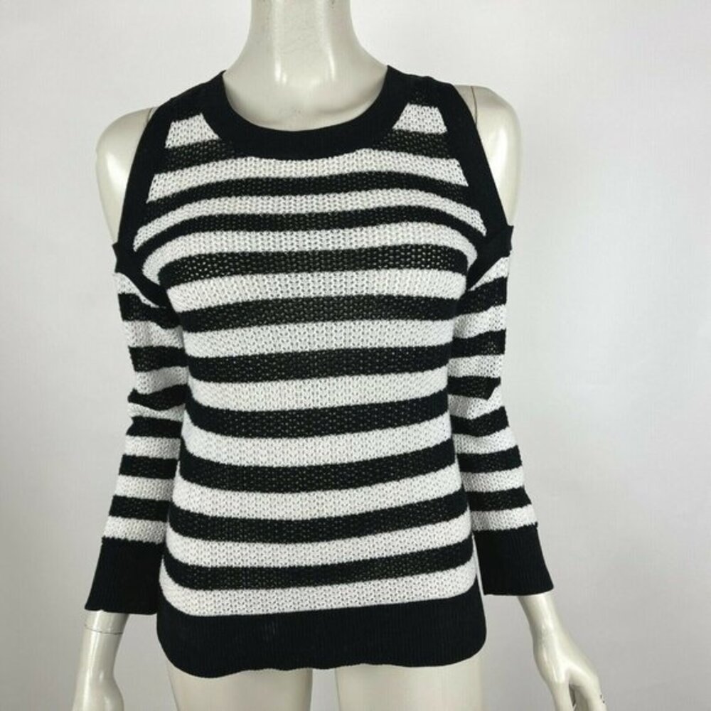 Rag Bone Open Shoulder Stripe Knit Top Long Sleeve Black White Pullover Women XS